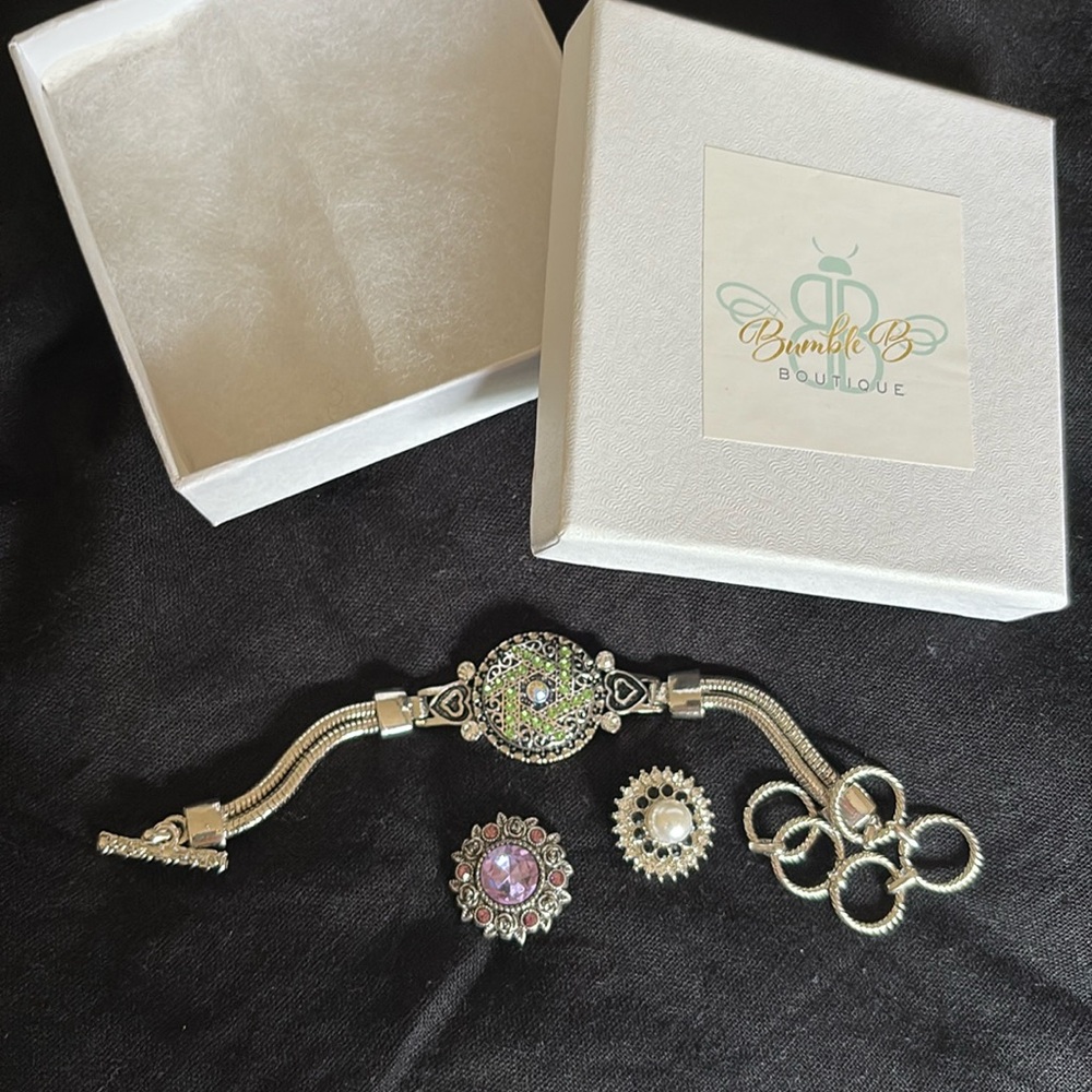 Snap Charm Bracelet with 3 charms NEW amethyst pearl stone